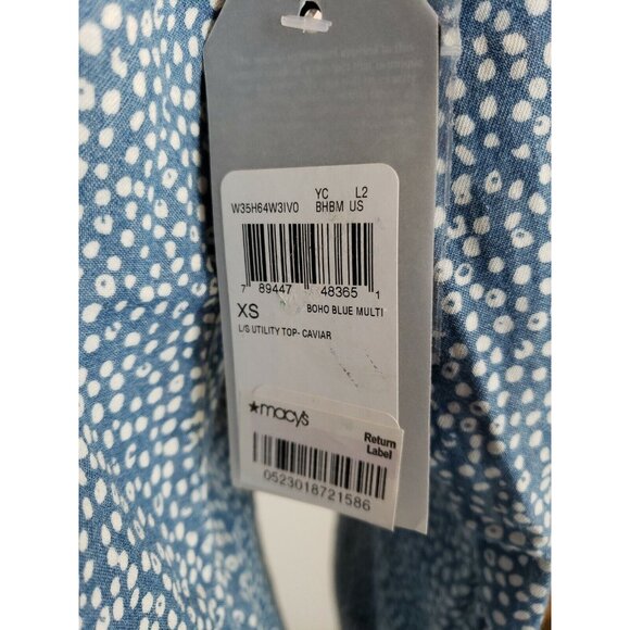 Guess 1981 Denim Top Womens XS Blue Polka Dot Shirt 100% Cotton Chambray Long - Picture 9 of 12